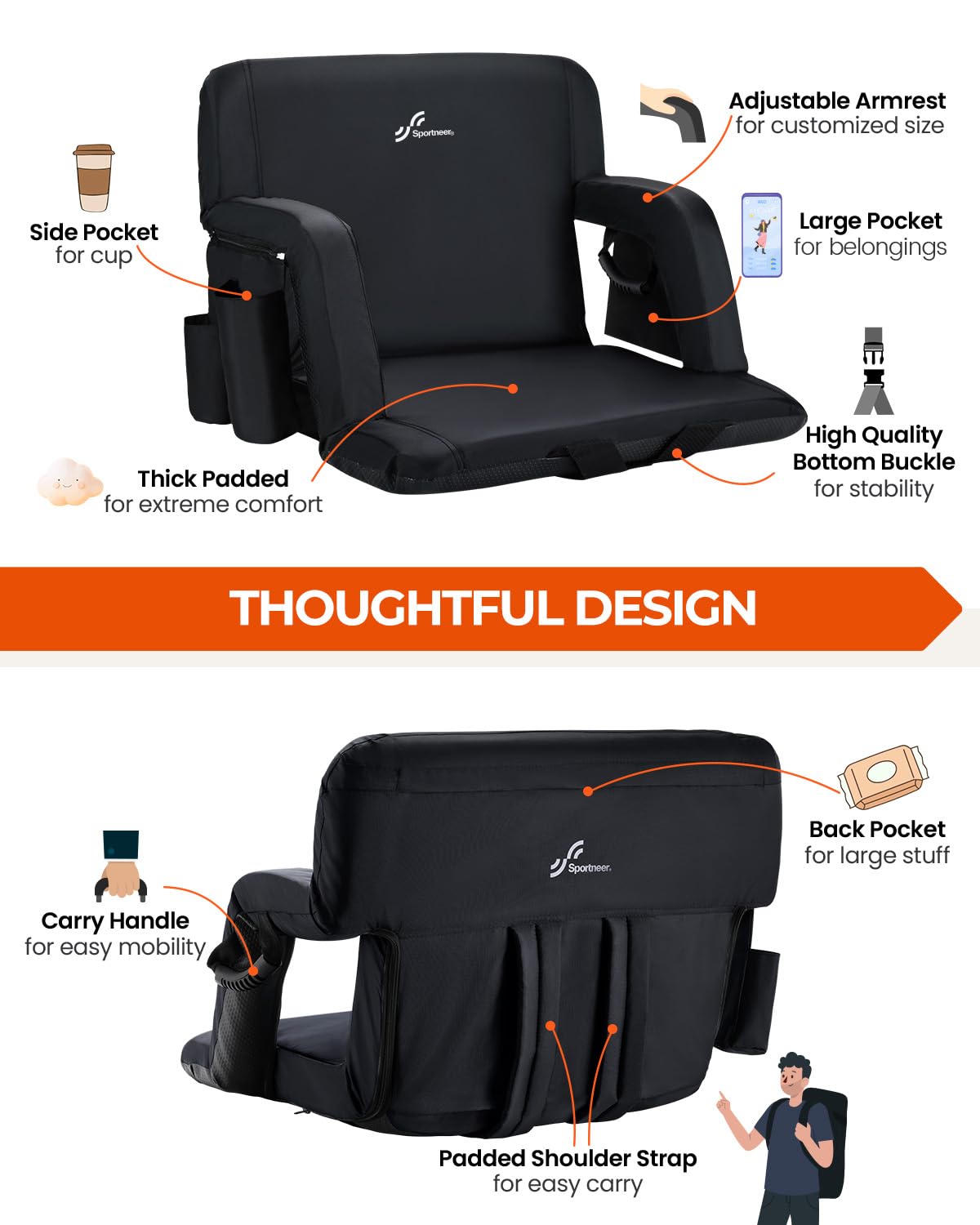 Stadium Seats with Back Support 2.5'' Thick Cushion 6 Adjustable Angle Bleacher Seat with Armrest O3948