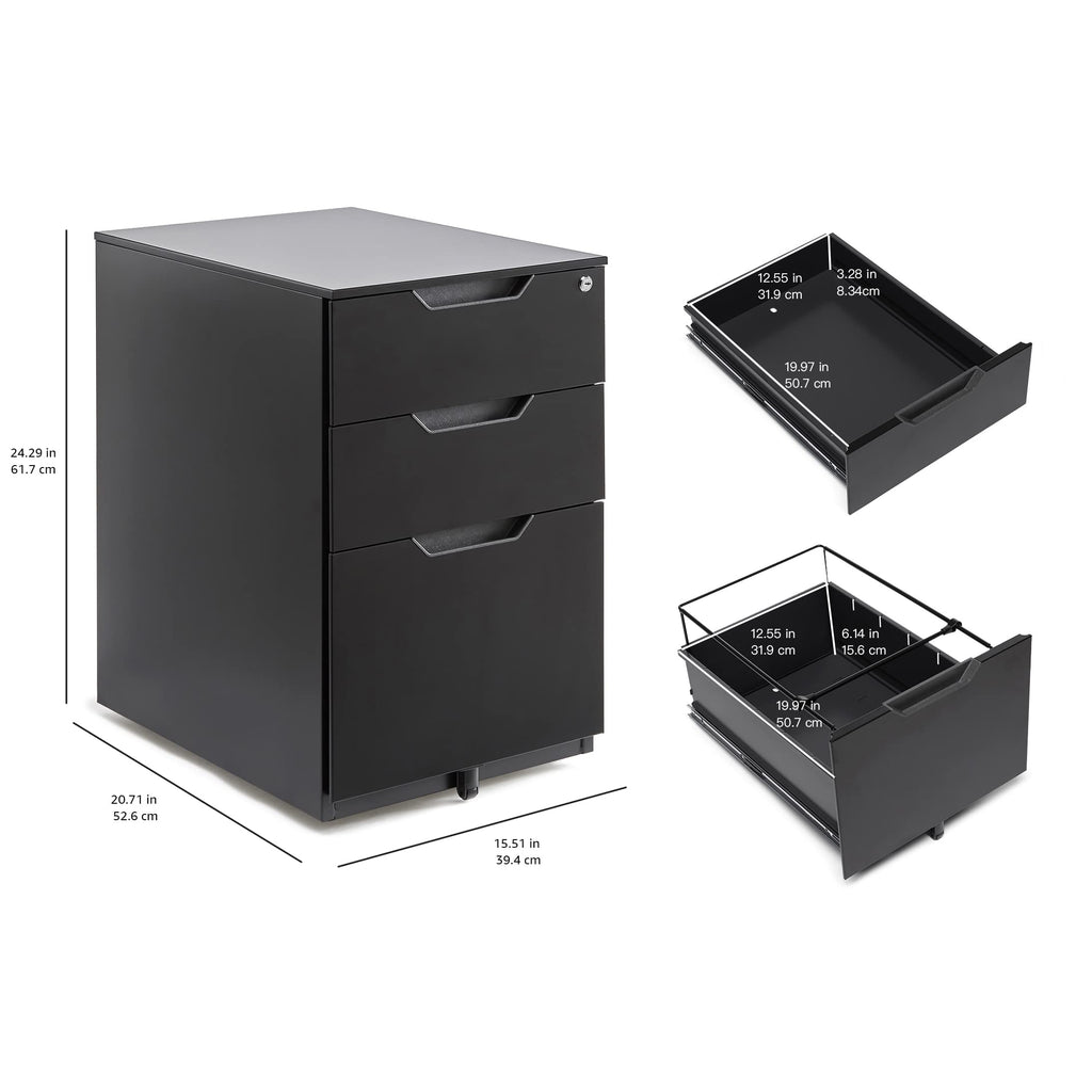 3-Drawer Black Mobile File Cabinet with Lock D4810