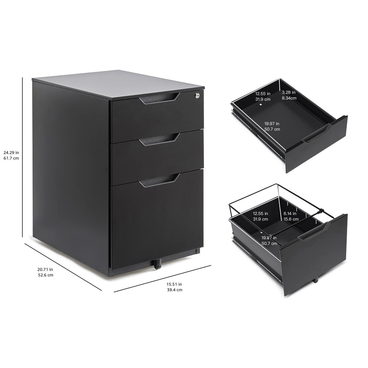 3-Drawer Black Mobile File Cabinet with Lock D4810