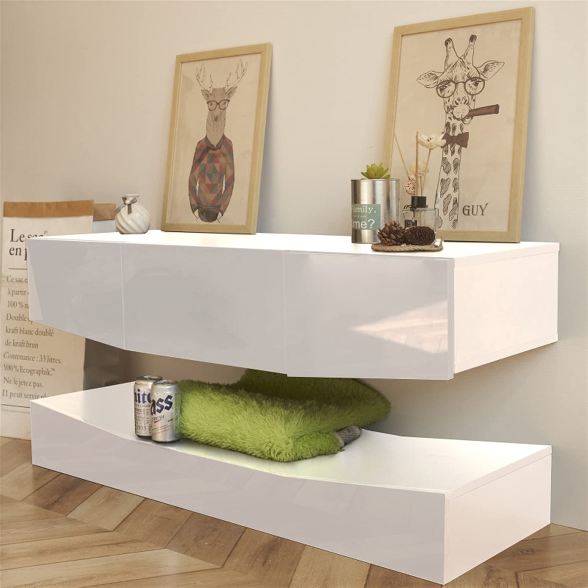 White Floating TV Stand with 3 Drawers and Open Shelves S662