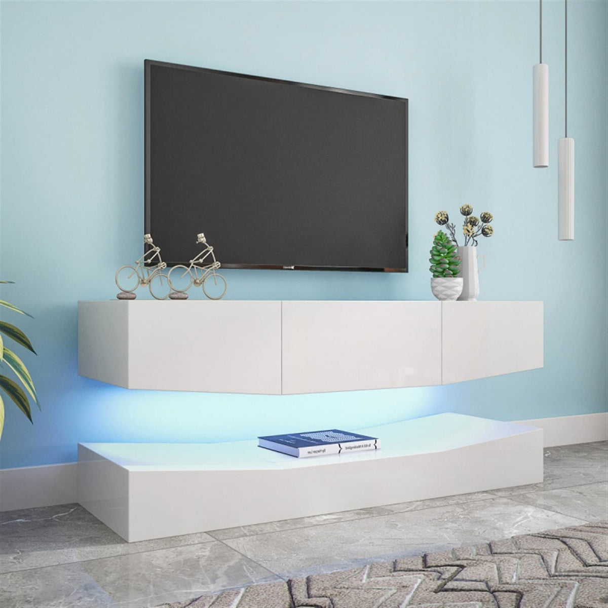 White Floating TV Stand with 3 Drawers and Open Shelves S662