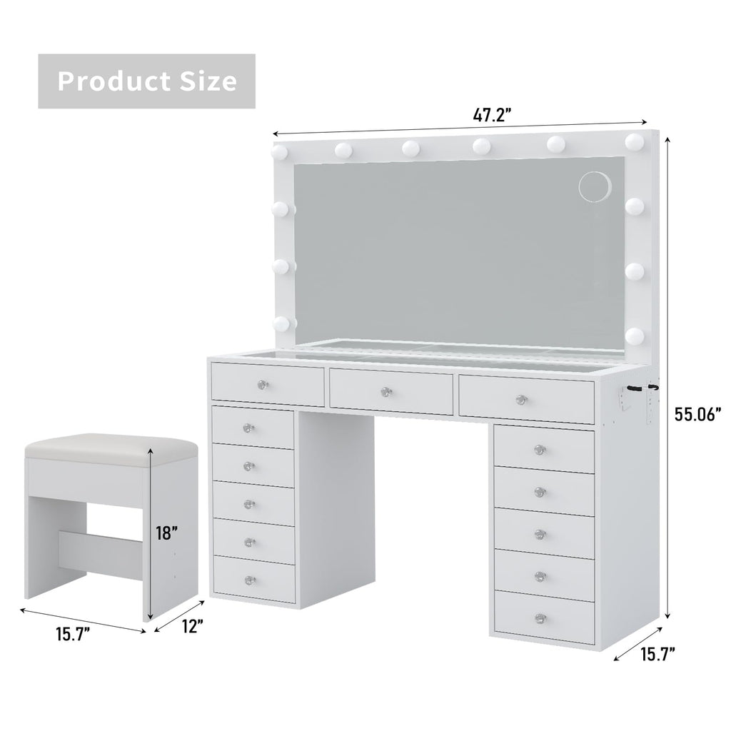47" White Makeup Vanity with 13 Drawers and HD Mirror W2102