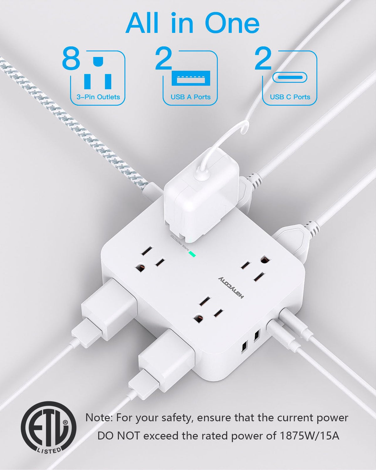 Surge Protector Power Strip 5 Ft Braided Extension Cord Y2889