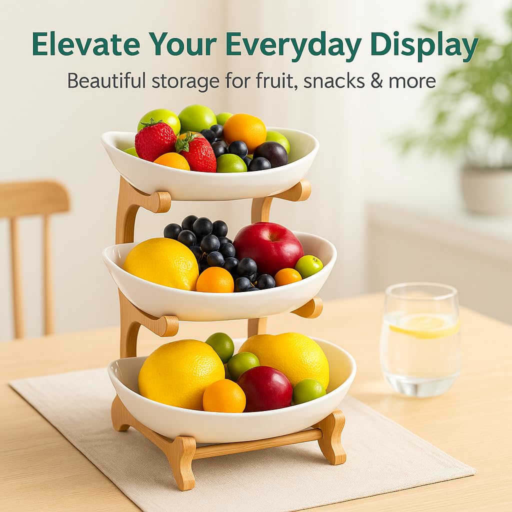 3 Tier Ceramic Fruit Bowls with Wooden Stand L91879