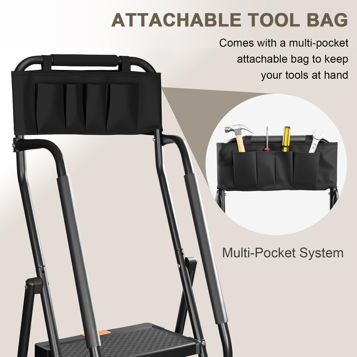 3 Step Folding Step Ladder with Handrails, 500 Lbs Capacity, Black X3626