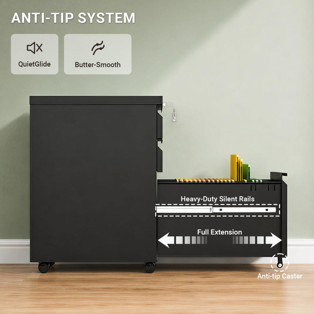 Black 3 Drawer Mobile File Cabinet with Lock D3959