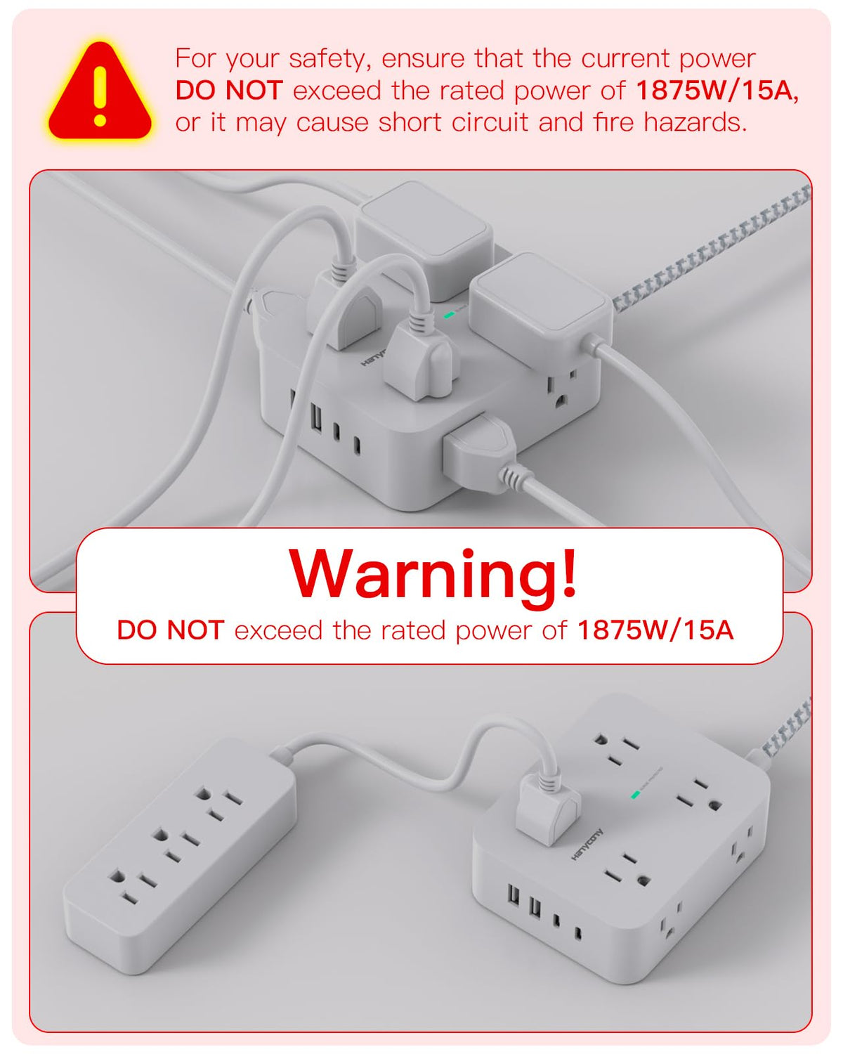 Surge Protector Power Strip 5 Ft Braided Extension Cord Y2889