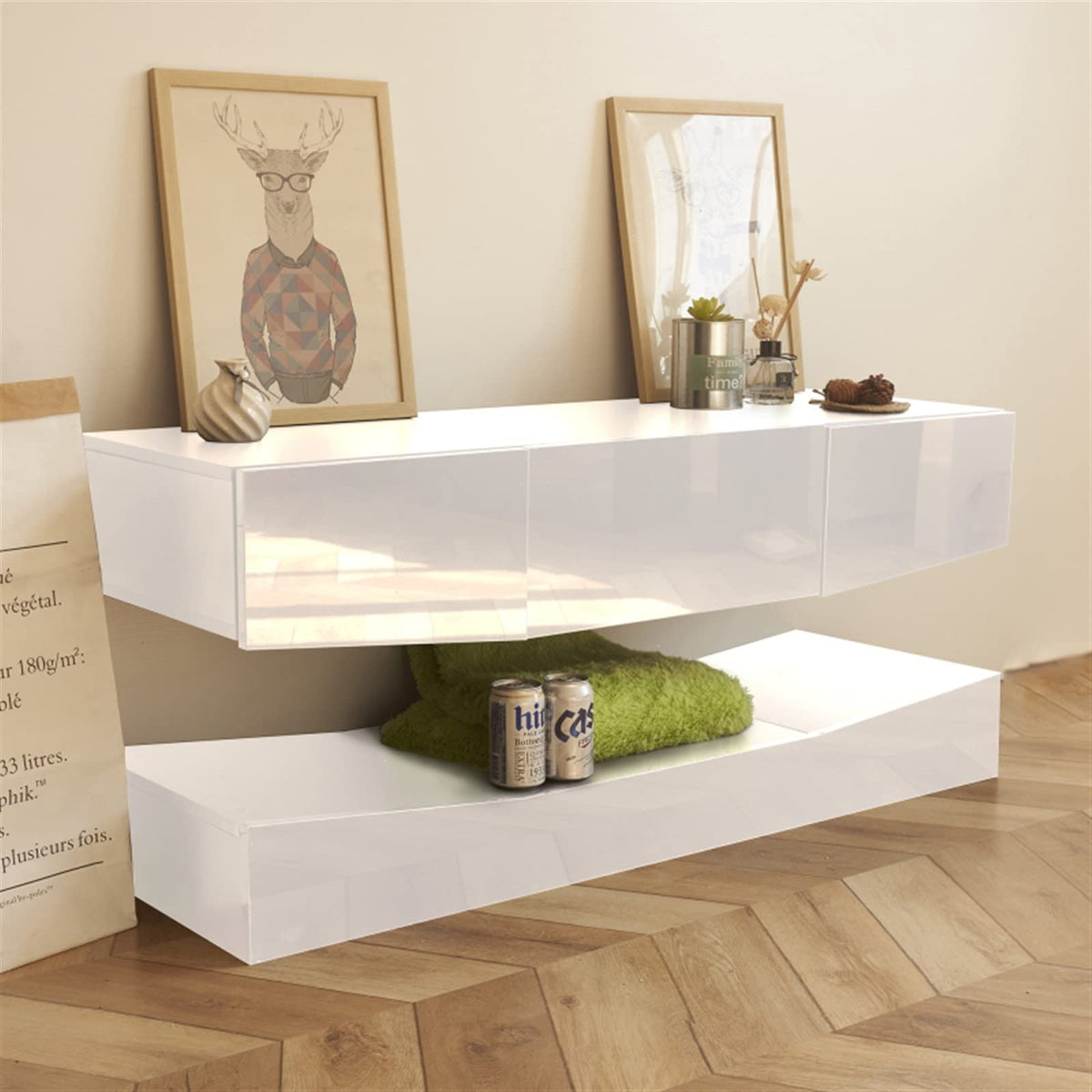 White Floating TV Stand with 3 Drawers and Open Shelves S662