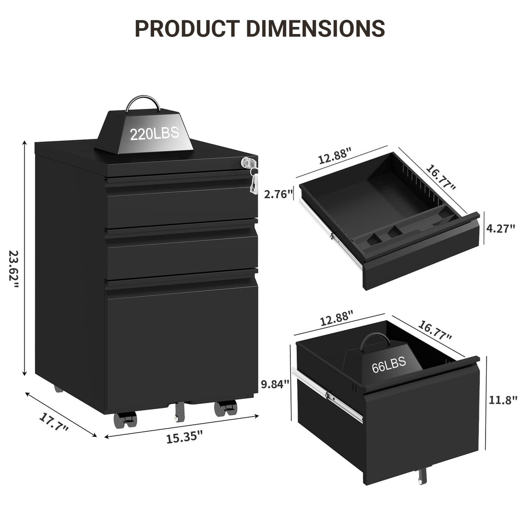 Black 3 Drawer Mobile File Cabinet with Lock D3959