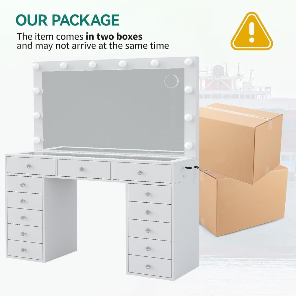 47" White Makeup Vanity with 13 Drawers and HD Mirror W2102