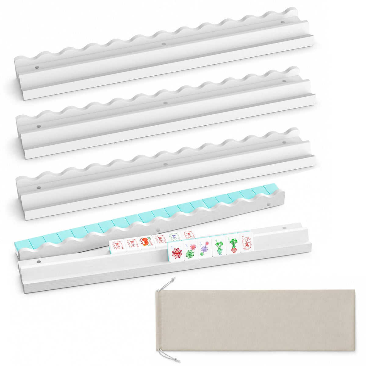 White Scalloped Wooden Mahjong Racks with Pushers Set of 4 I390751