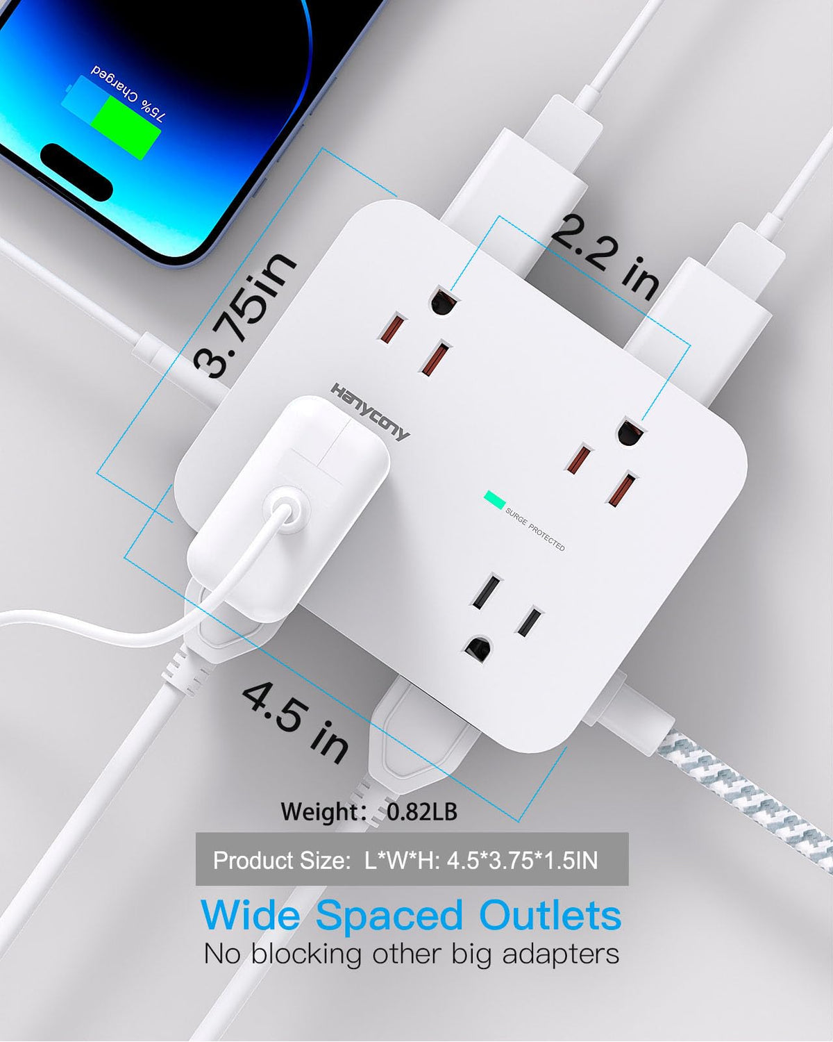 Surge Protector Power Strip 5 Ft Braided Extension Cord Y2889