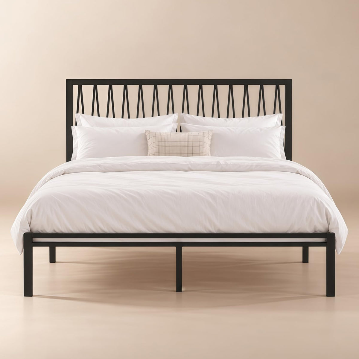 Black Metal Queen Bed Frame with Geometric Headboard B448