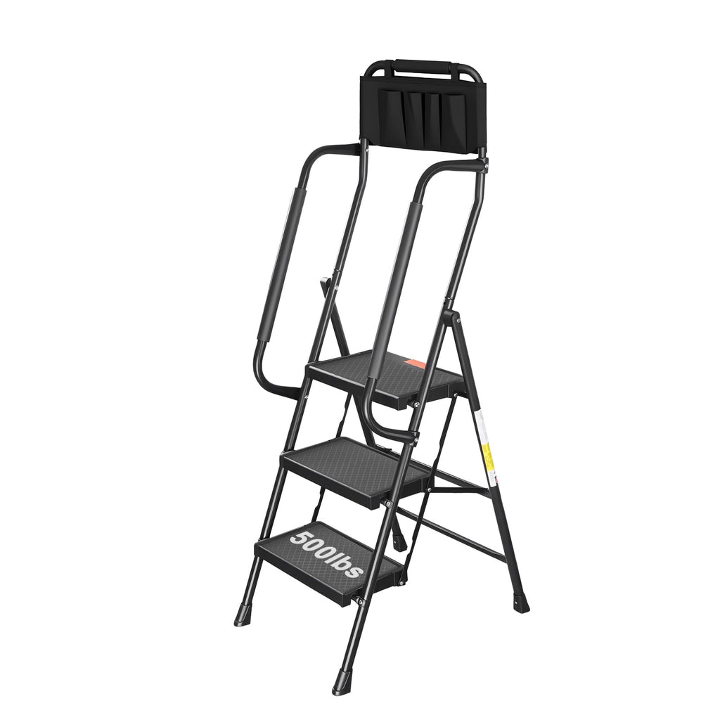 3 Step Folding Step Ladder with Handrails, 500 Lbs Capacity, Black X3626