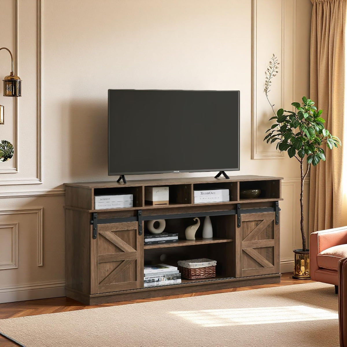Brown TV Stand with Storage Cabinets & Sliding Barn Doors H4948