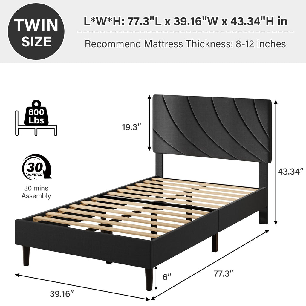 Twin Bed Frame with Adjustable Headboard, Black U548138