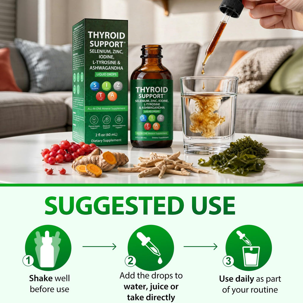 Iodine Selenium Zinc Ashwagandha L-Tyrosine Thyroid Support Liquid Drops 2 Fl Oz K56374