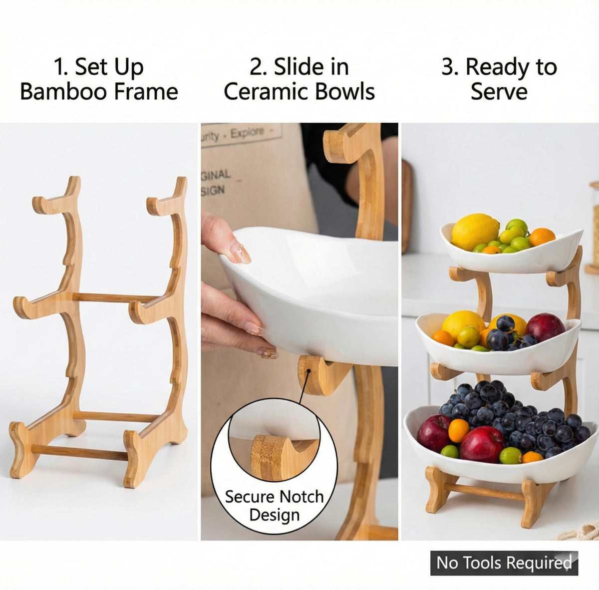 3 Tier Ceramic Fruit Bowls with Wooden Stand L91879