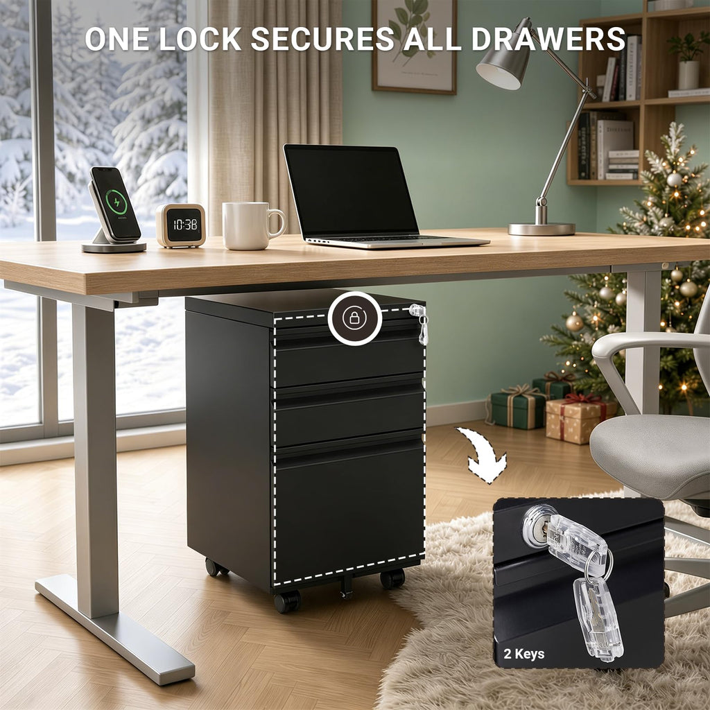 Black 3 Drawer Mobile File Cabinet with Lock D3959