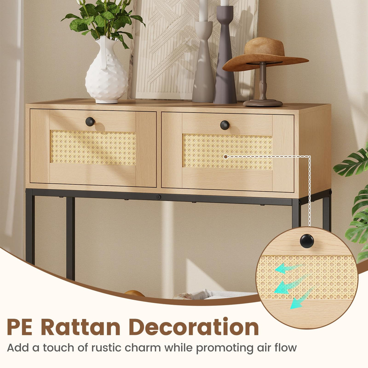 Oak Rattan Console Table with 2 Drawers F571