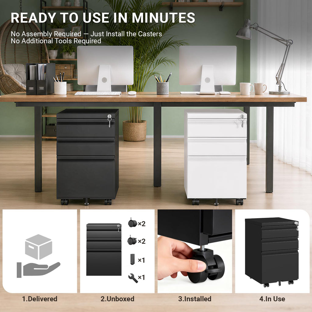 Black 3 Drawer Mobile File Cabinet with Lock D3959
