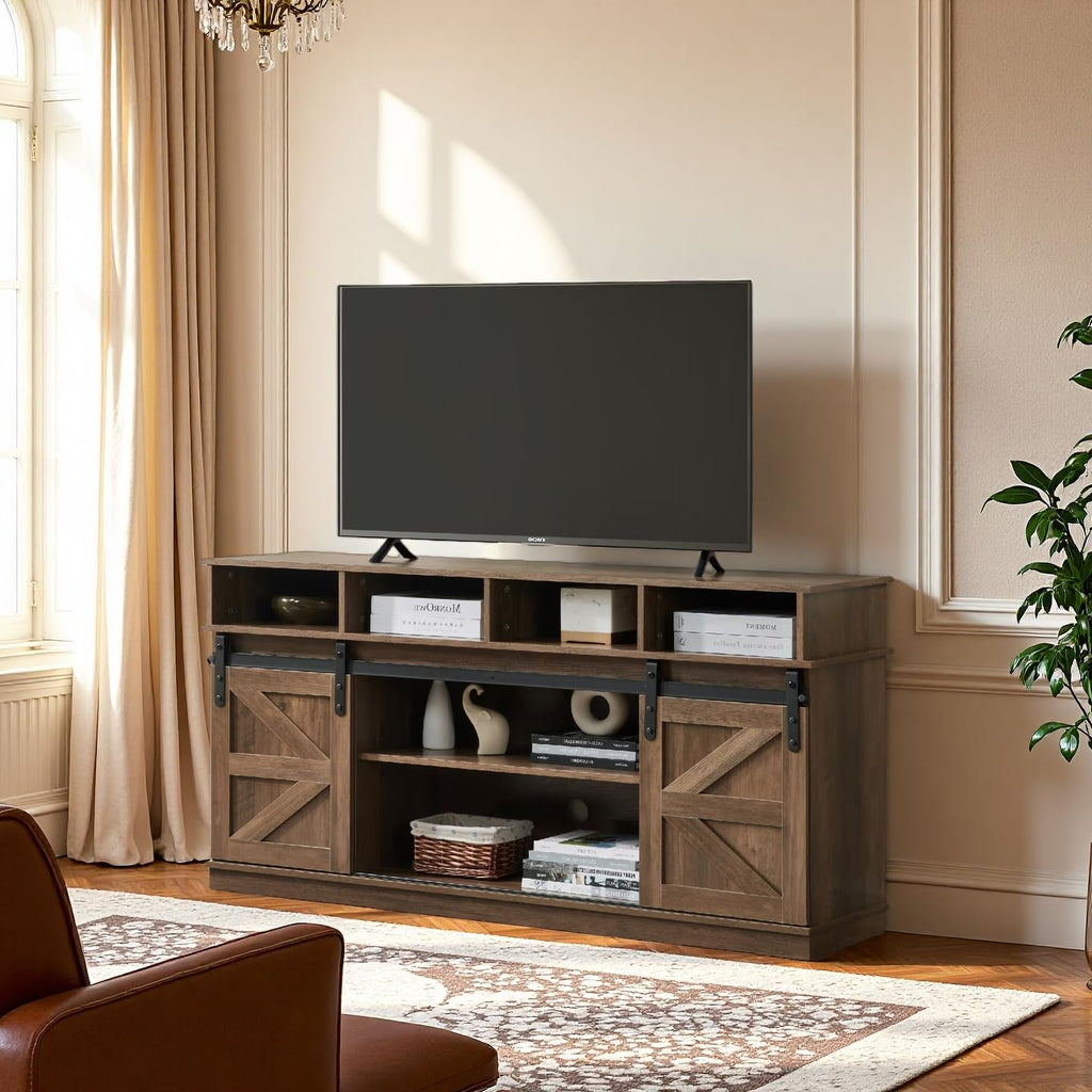 Brown TV Stand with Storage Cabinets & Sliding Barn Doors H4948