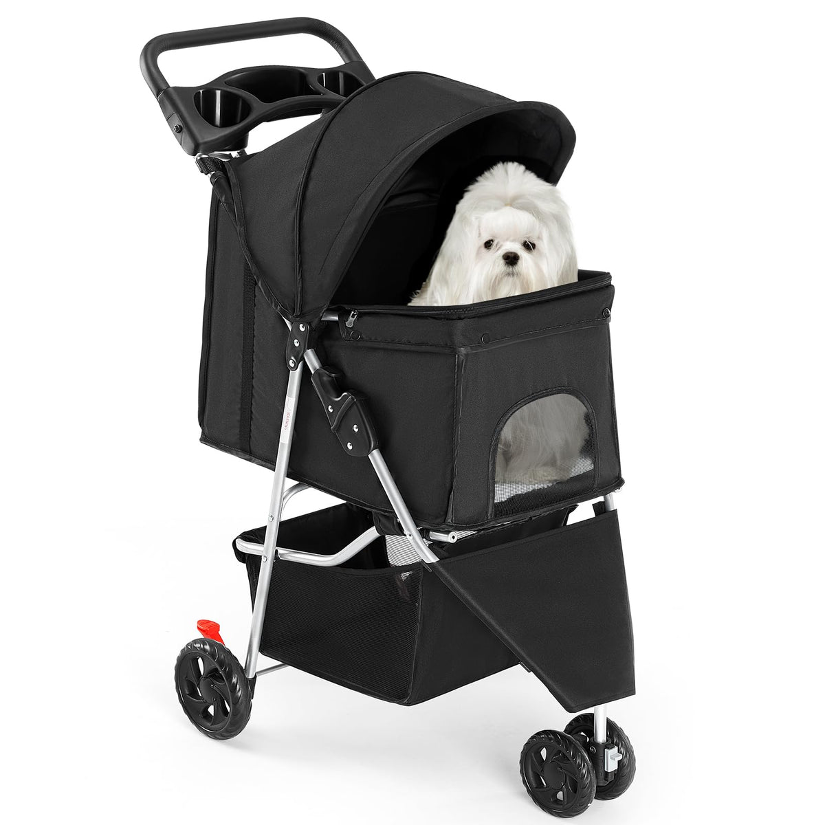 3 Wheels Pet Stroller with Storage Basket and Cup Holder, Black A90780