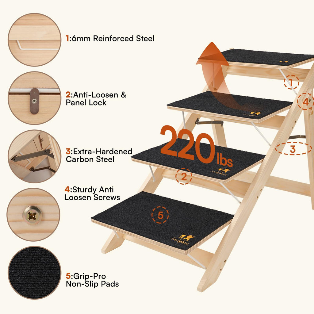 Wooden 4-Step Foldable Anti-Slip Dog Stairs N661