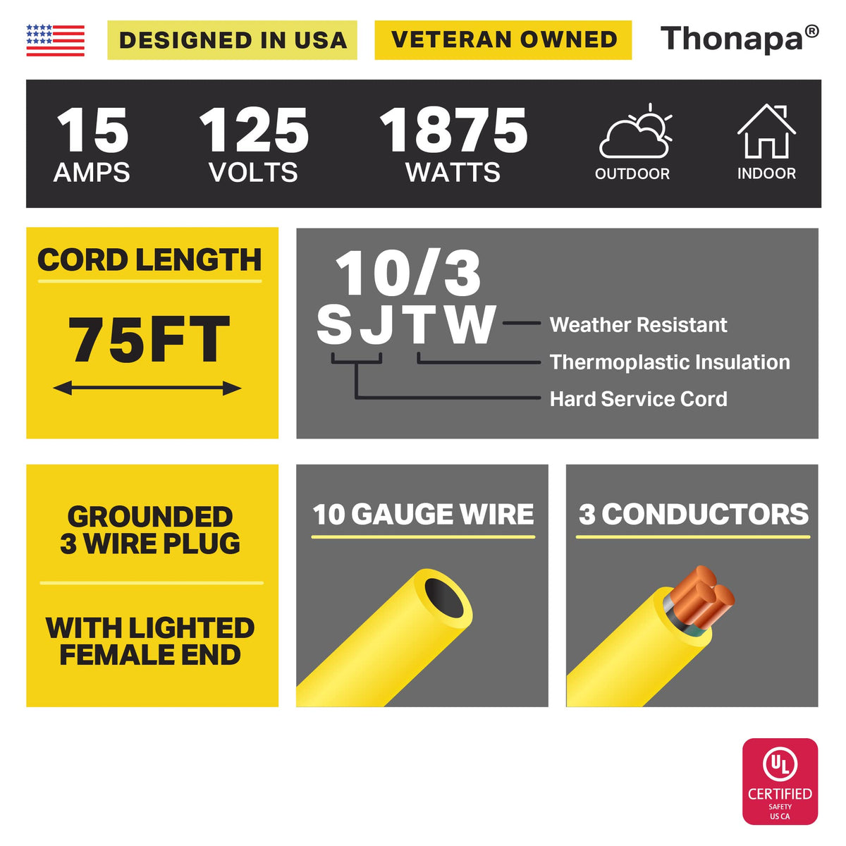 Black Oil Resistant 12 Gauge Extension Cord 100 ft and Yellow 10 Gauge Extension Cord 75 ft U19310