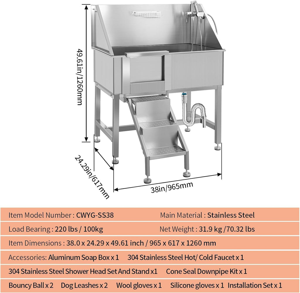 38" Stainless Steel Dog Grooming Tub with Anti-Slip Stairs A3076