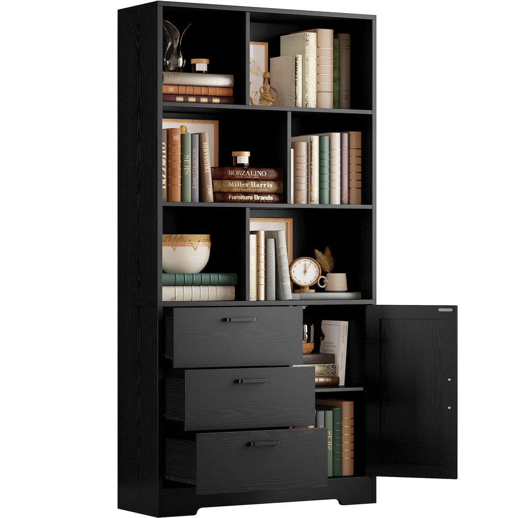 70.9-Inch Black Bookcase with Doors and 3 Drawers B111037