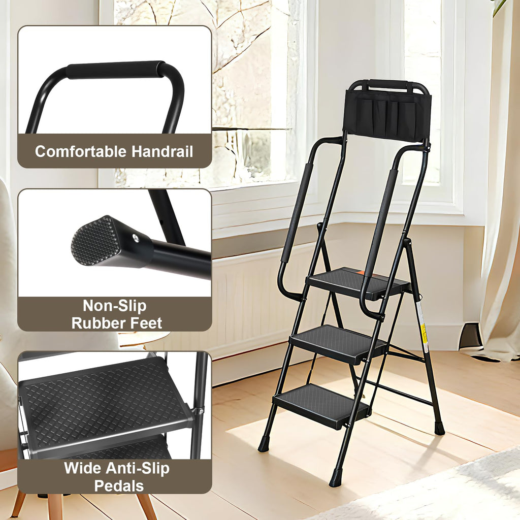 3 Step Folding Step Ladder with Handrails, 500 Lbs Capacity, Black X3626