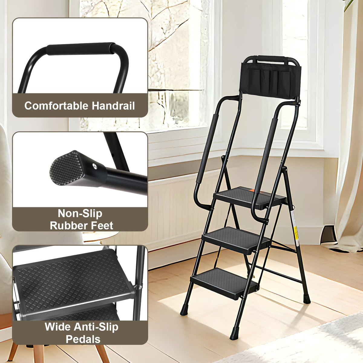 3 Step Folding Step Ladder with Handrails, 500 Lbs Capacity, Black X3626