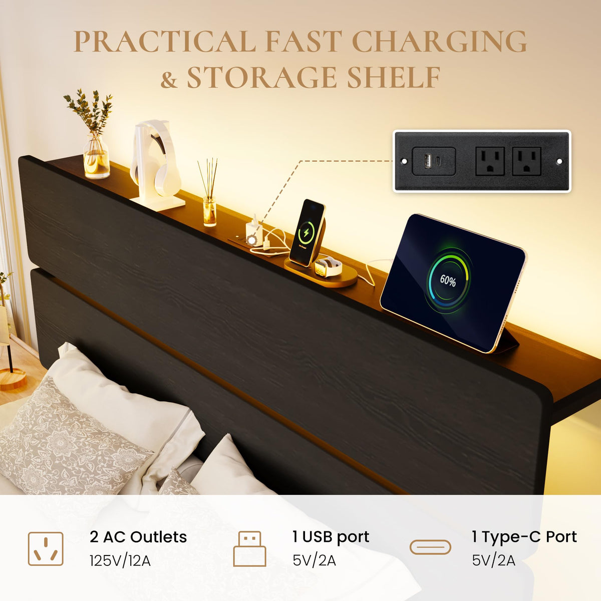 Full Size Bed Frame with Charging Station V87856