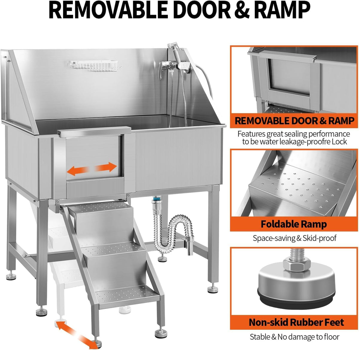 38" Stainless Steel Dog Grooming Tub with Anti-Slip Stairs A3076