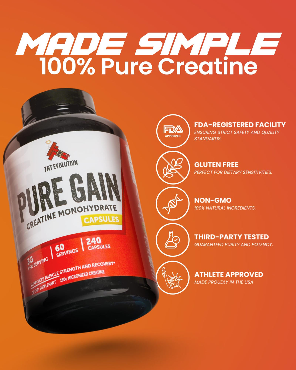 Creatine Monohydrate Capsules 750mg 240 Count Gluten Free U5341