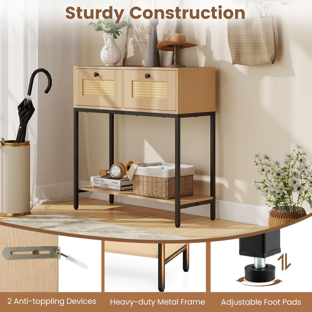 Oak Rattan Console Table with 2 Drawers F571