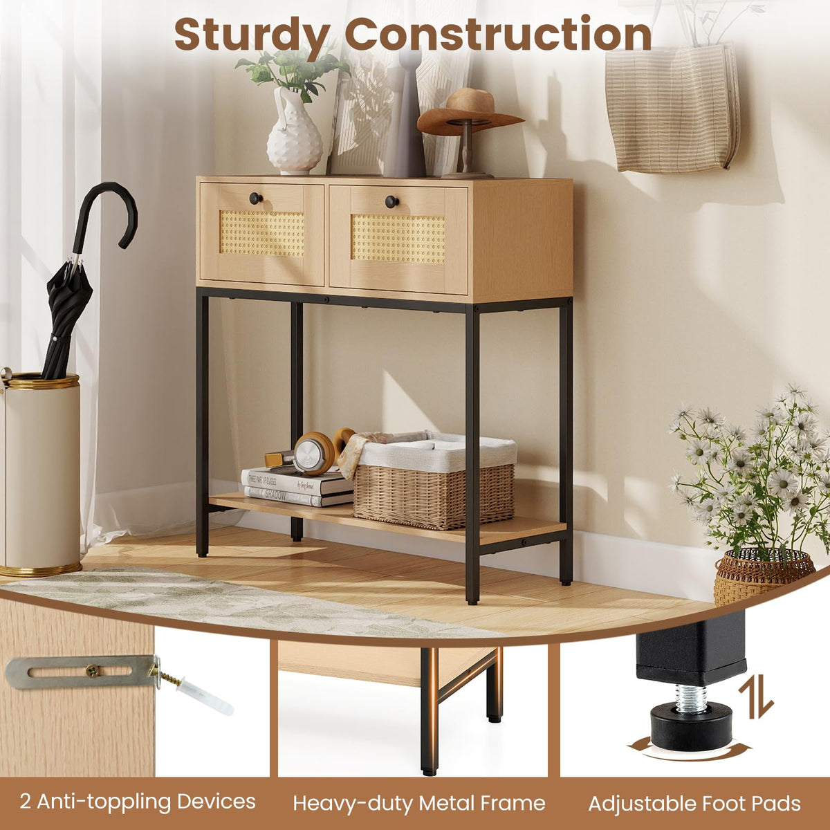 Oak Rattan Console Table with 2 Drawers F571