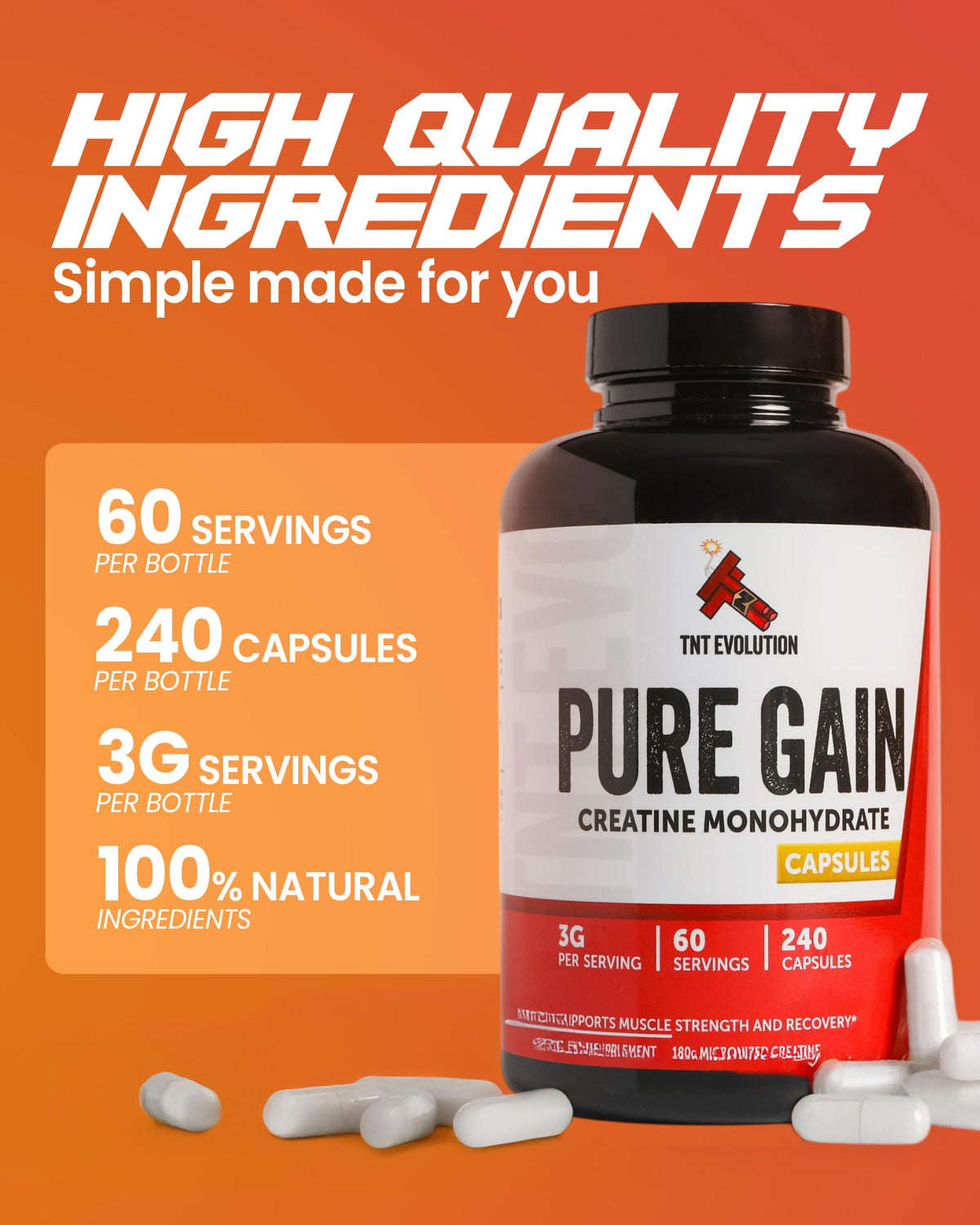 Creatine Monohydrate Capsules 750mg 240 Count Gluten Free U5341