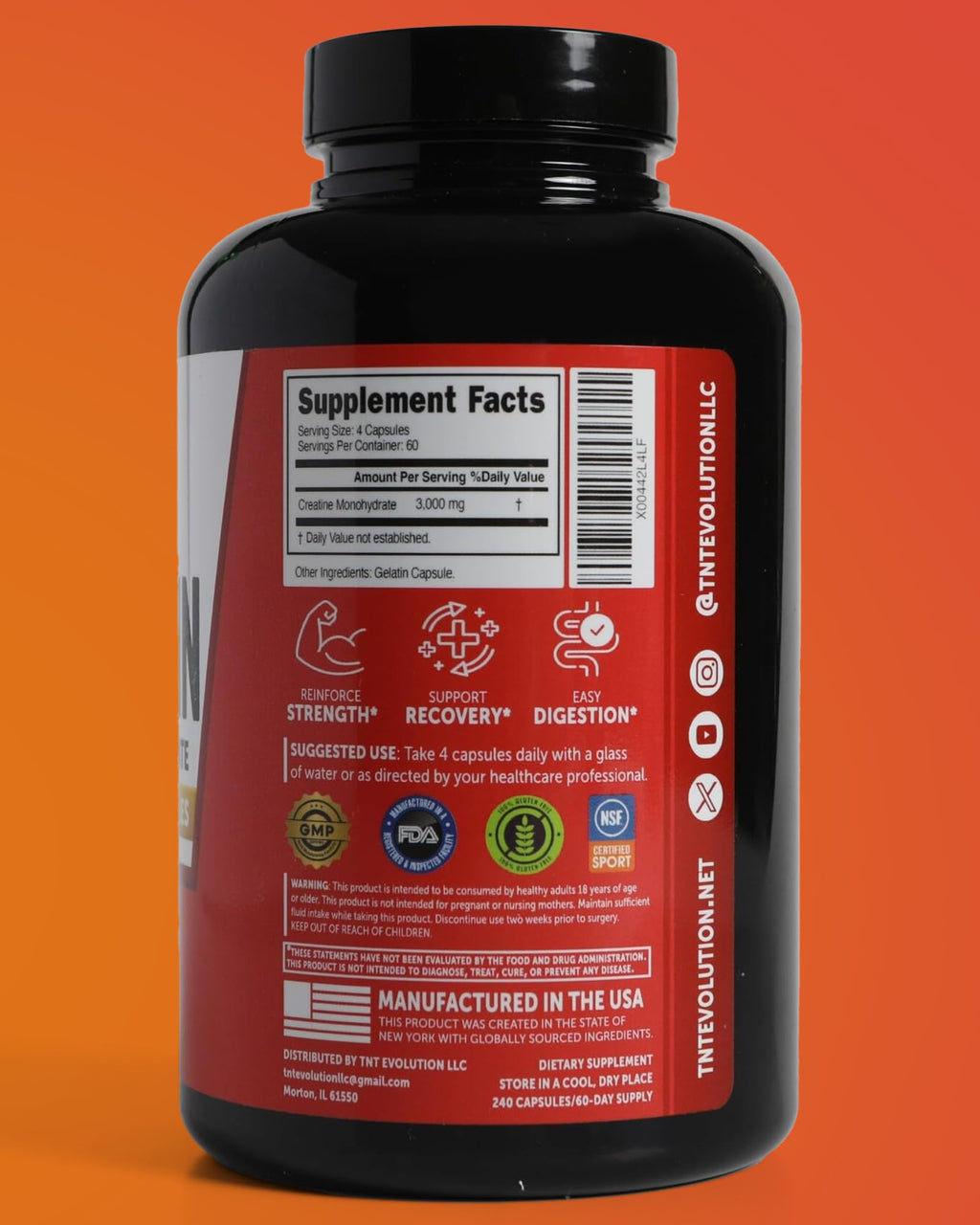 Creatine Monohydrate Capsules 750mg 240 Count Gluten Free U5341