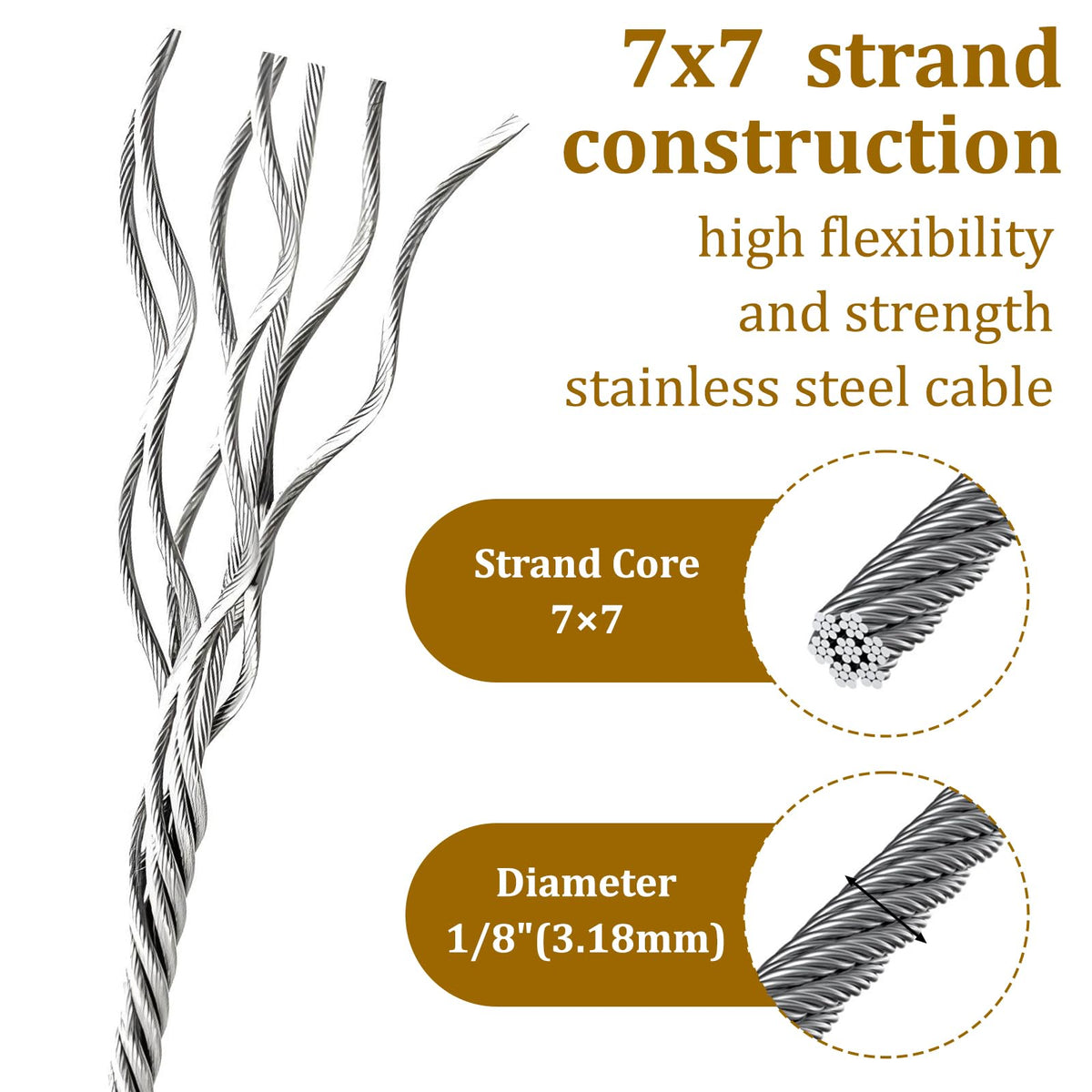 1/8" Stainless Steel Cable 100ft Wire Rope with Loop Sleeve and Thimble P4417