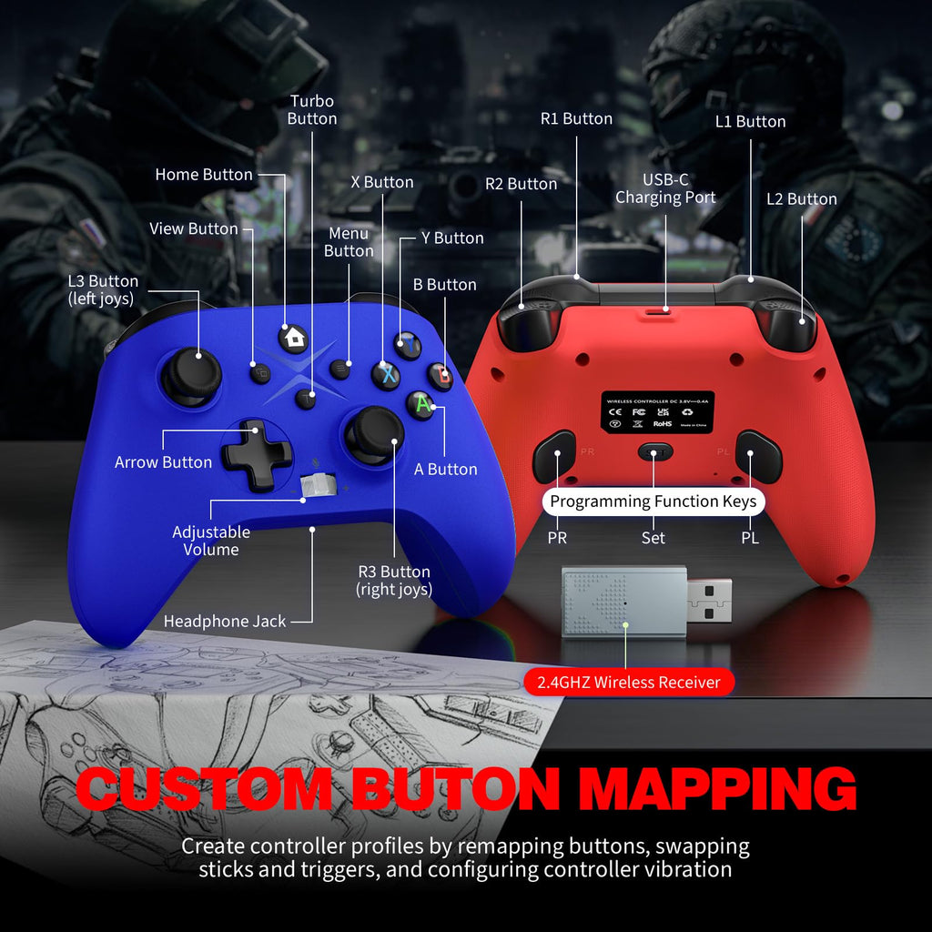 2 Pack Wireless Controller with Turbo Macro Hall Trigger Dual Vibration 3.5mm Audio Jack Built-in Battery 2.4GHz Adapter J8404
