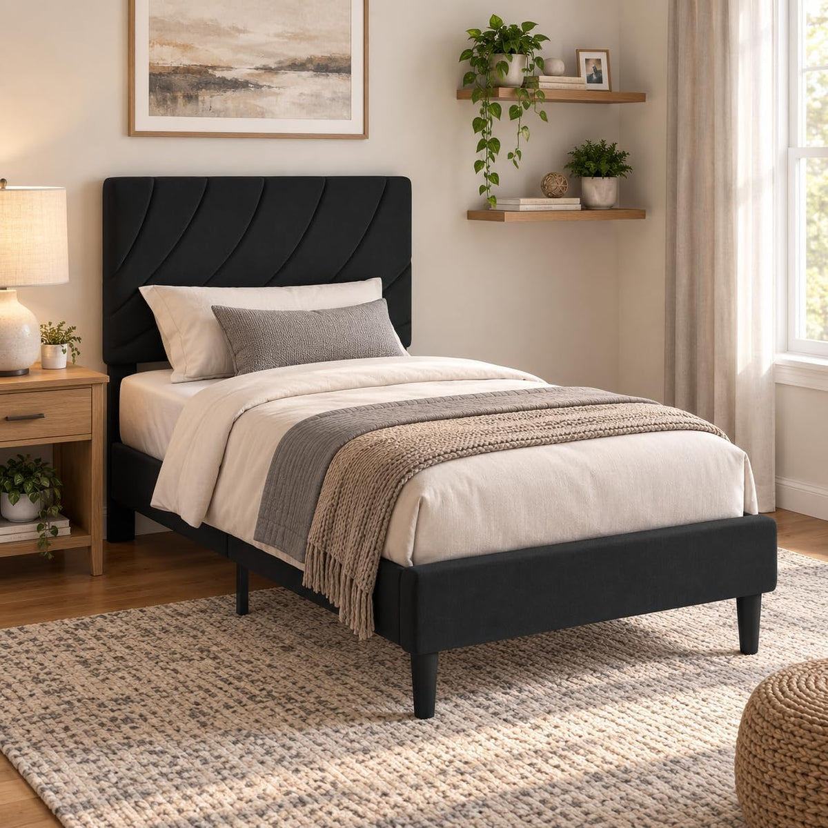 Twin Bed Frame with Adjustable Headboard, Black U548138