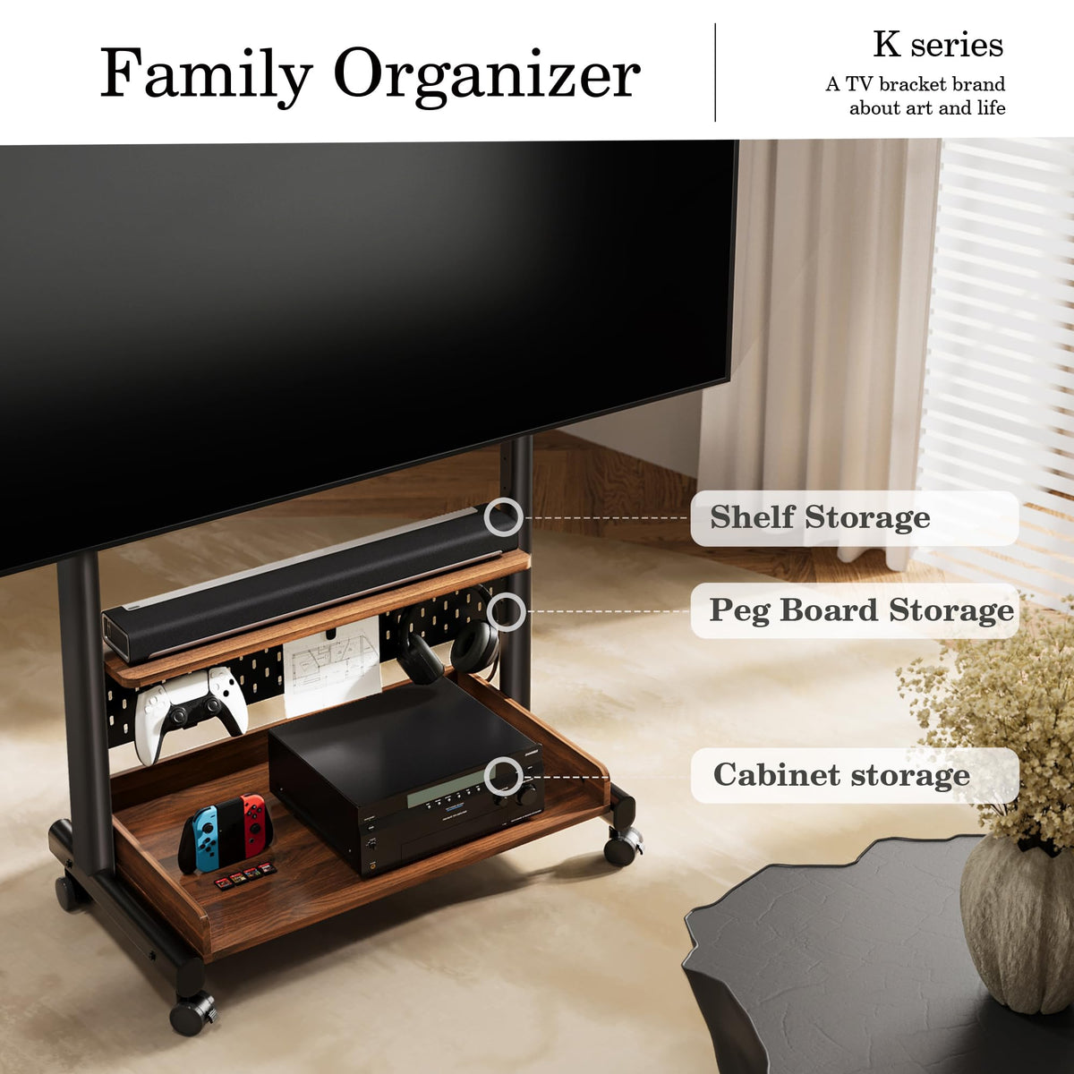 Rolling TV Stand Mount with Wooden Shelf R448