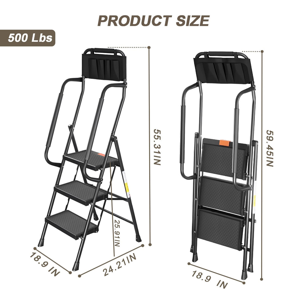 3 Step Folding Step Ladder with Handrails, 500 Lbs Capacity, Black X3626