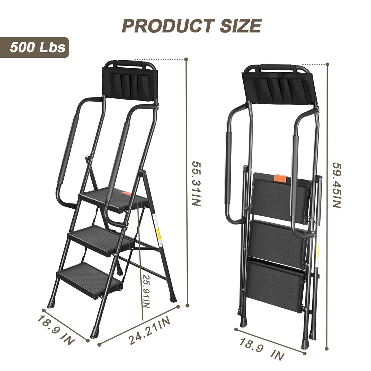 3 Step Folding Step Ladder with Handrails, 500 Lbs Capacity, Black X3626