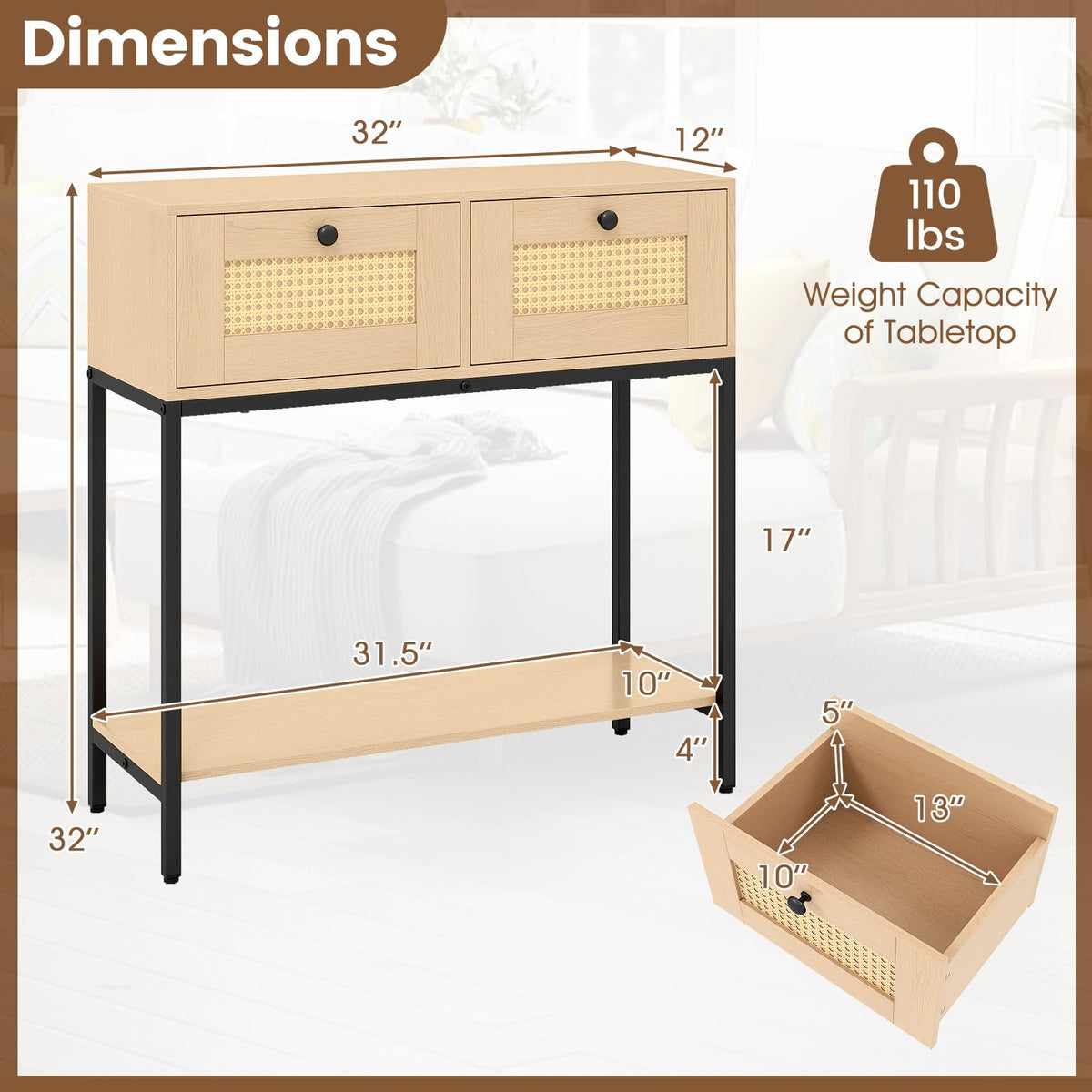 Oak Rattan Console Table with 2 Drawers F571