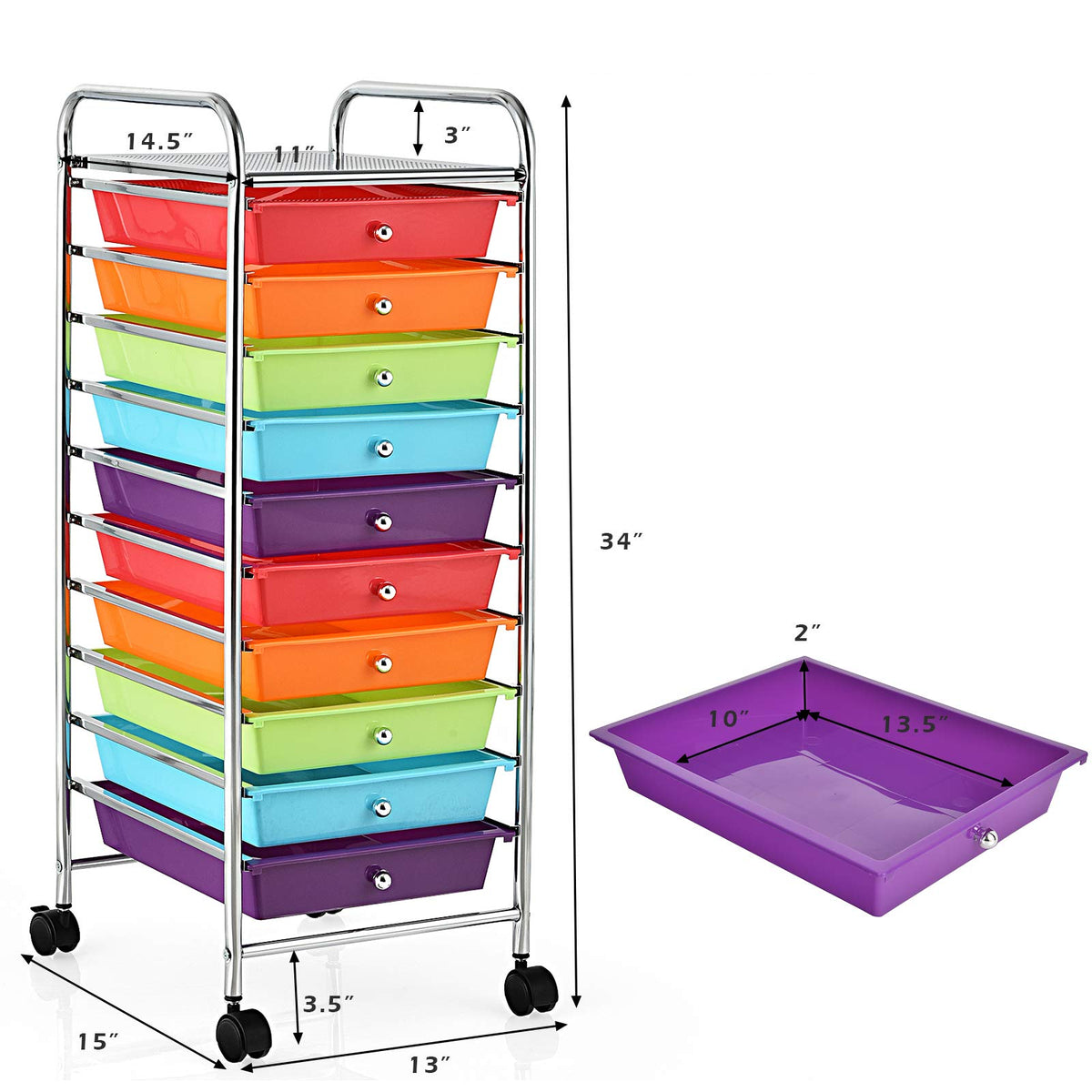 10 Drawer Rolling Cart with Lockable Wheels U831