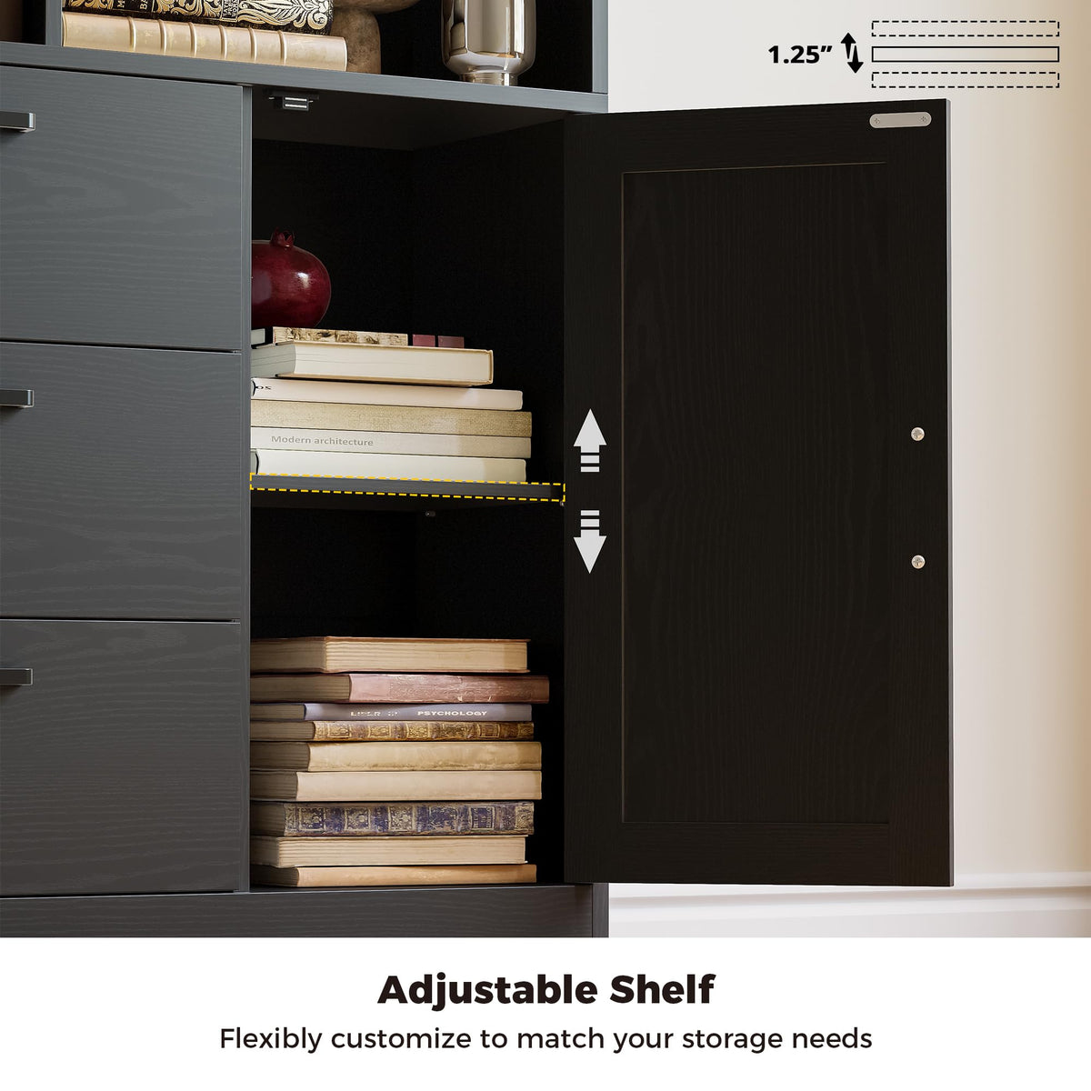 70.9-Inch Black Bookcase with Doors and 3 Drawers B111037