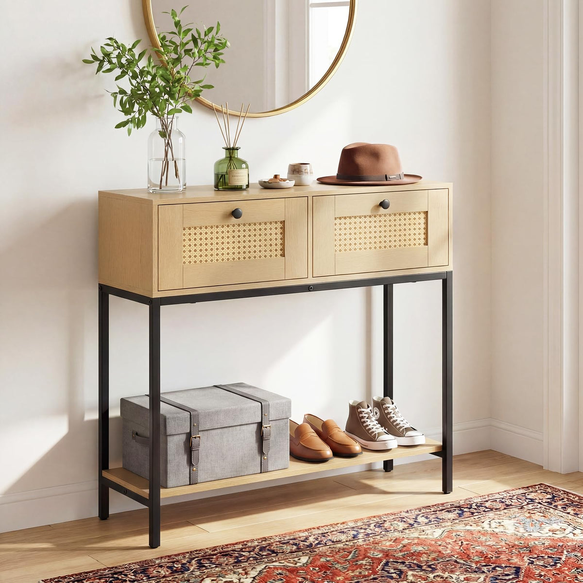 Oak Rattan Console Table with 2 Drawers F571